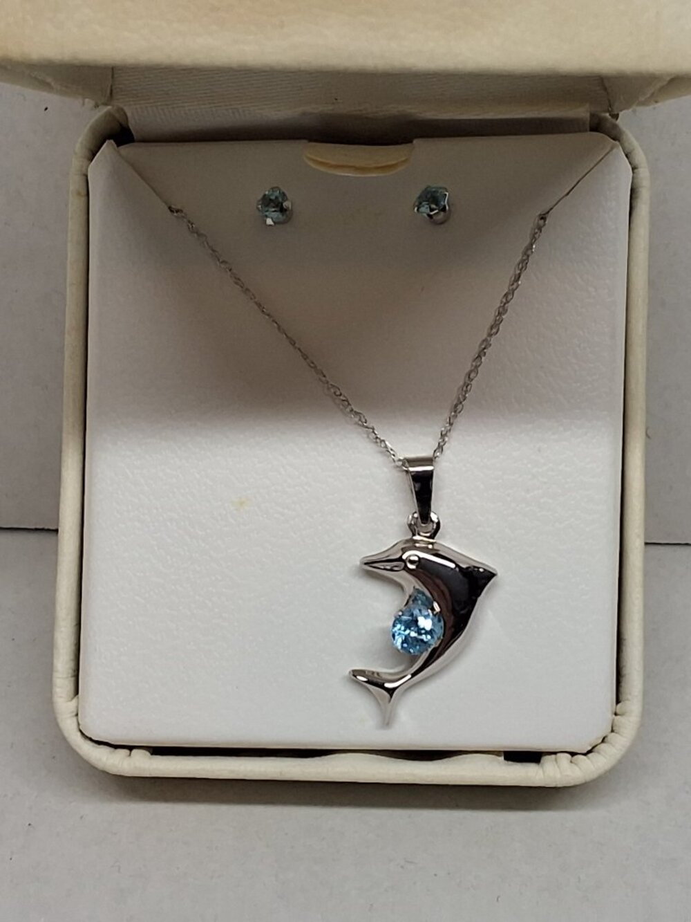 Vintage JCP 10kt White Gold Dolphin Blue Topaz Pendant Necklace & Earrings NIB